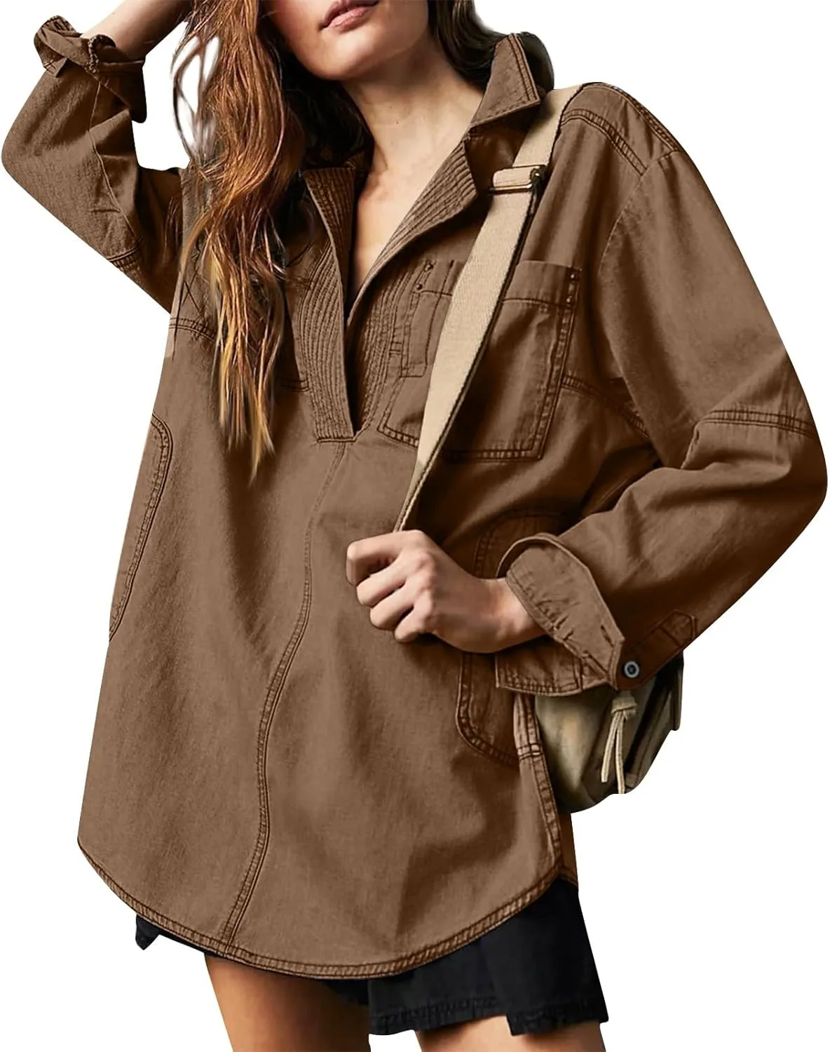 COTECRAM Womens Denim Tops Pullover Trendy Casual V Neck Loose Fit Long Sleeve oversized Jean Shirts Jacket with Pocket