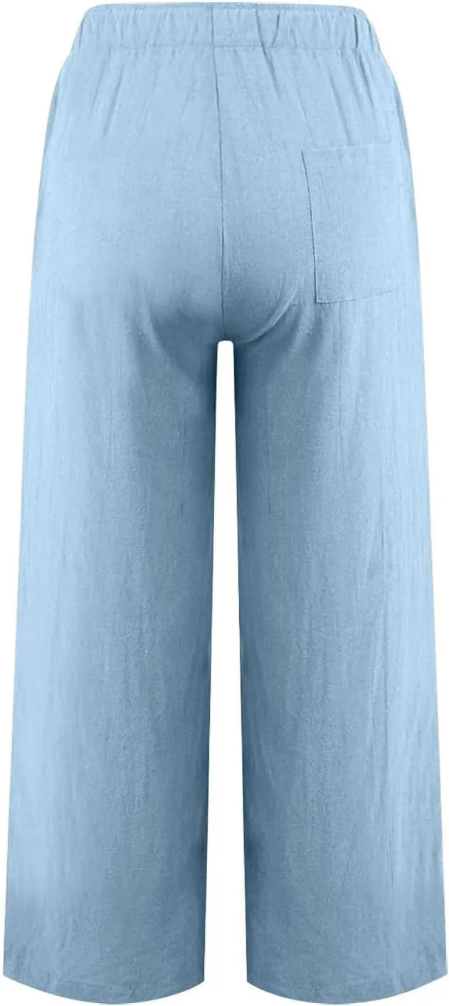 Cotton Linen Pants Women Summer Wide Leg Casual Loose Trousers Drawstring High Waist Palazzo Pants with Pockets 2025