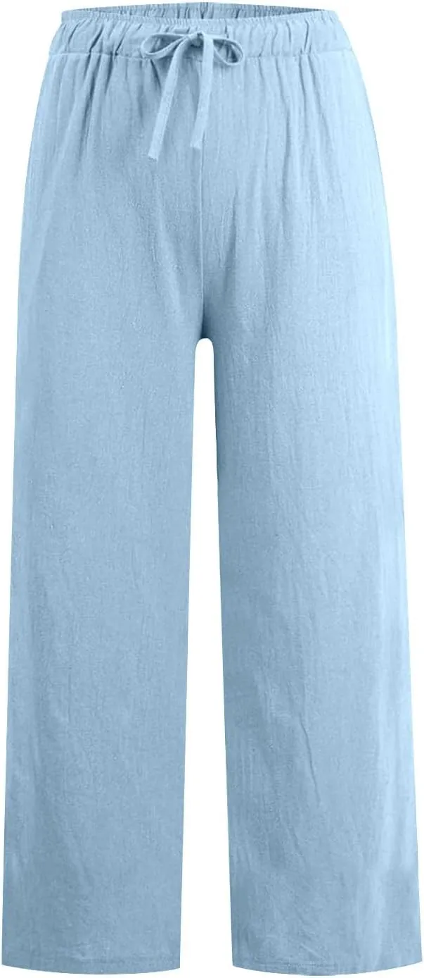 Cotton Linen Pants Women Summer Wide Leg Casual Loose Trousers Drawstring High Waist Palazzo Pants with Pockets 2025