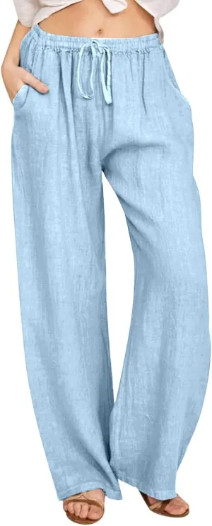 Cotton Linen Pants Women Summer Wide Leg Casual Loose Trousers Drawstring High Waist Palazzo Pants with Pockets 2025