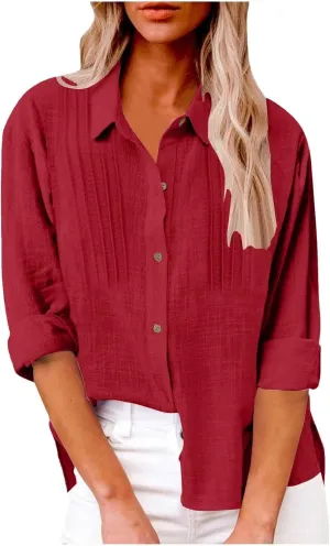 Cotton Linen Shirts for Women 2025 Trendy Roll Up 3/4 Length Sleeve Button Down Shirt Summer Work Tops with Pockets