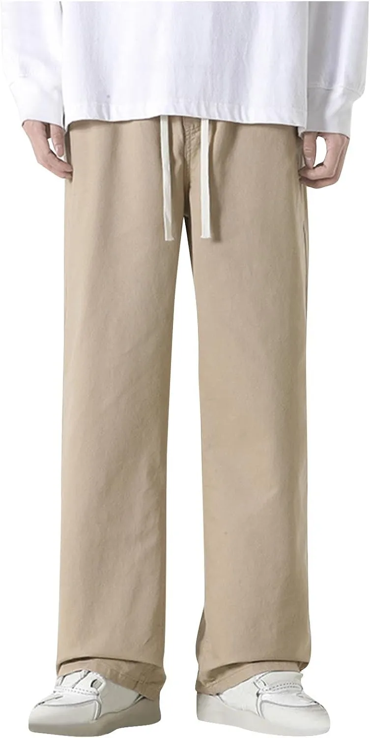 Cotton Pants for Men Straight Leg Stretch Jeans Sweatpants Trendy Teen Boys Drawstring Casual Denim Pants Relaxed Fit