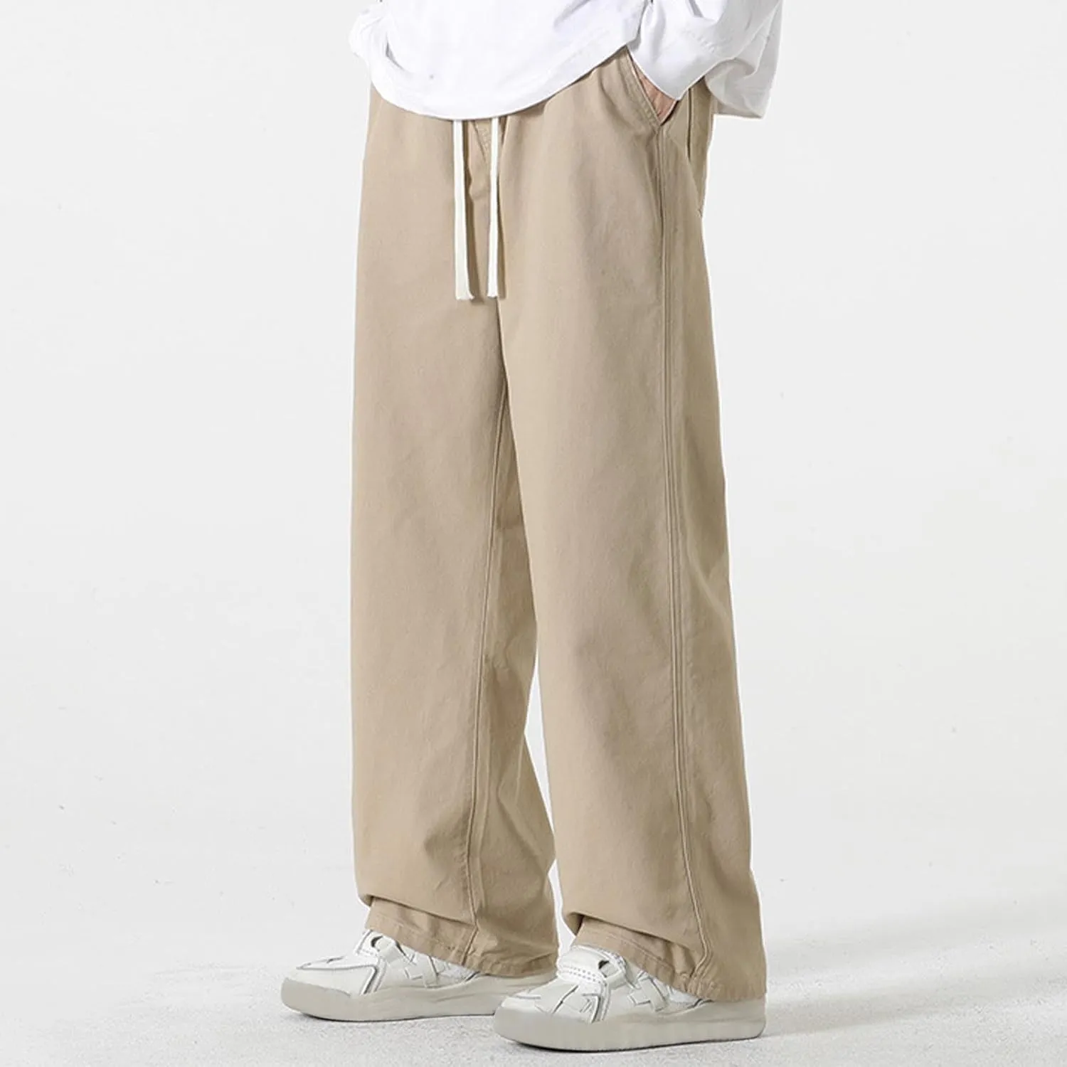 Cotton Pants for Men Straight Leg Stretch Jeans Sweatpants Trendy Teen Boys Drawstring Casual Denim Pants Relaxed Fit