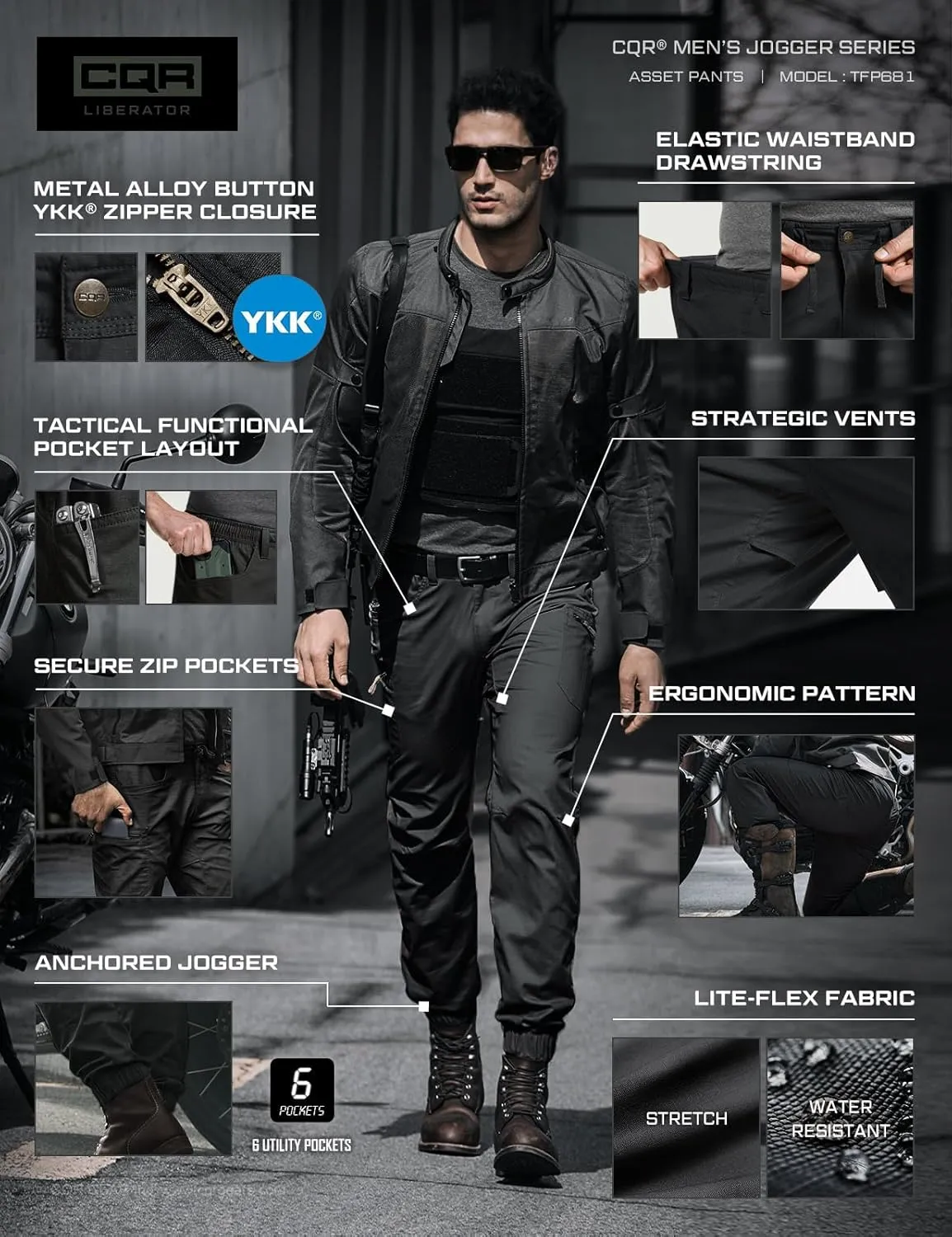 CQR Men's Flex Lightweight Joggers, Elastic Waist Drawstring Casual Pants, Tapered Fit Water Resistant Outdoor Cargo Pants