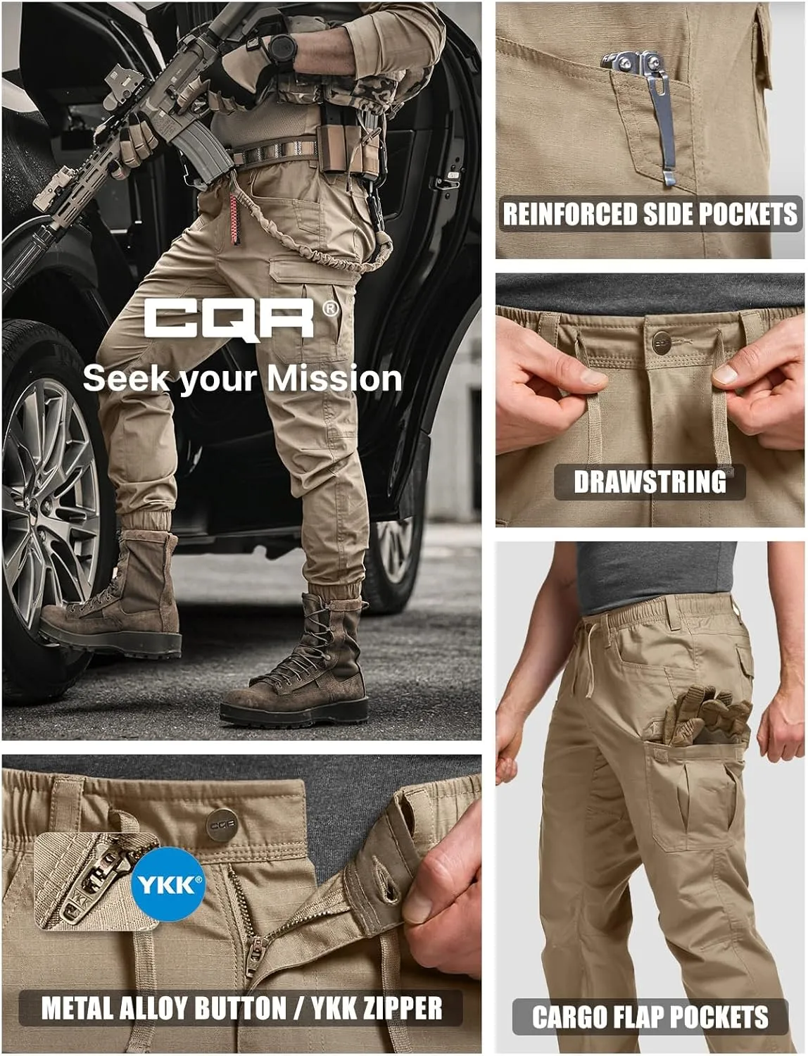 CQR Men's Flex Lightweight Joggers, Elastic Waist Drawstring Casual Pants, Tapered Fit Water Resistant Outdoor Cargo Pants