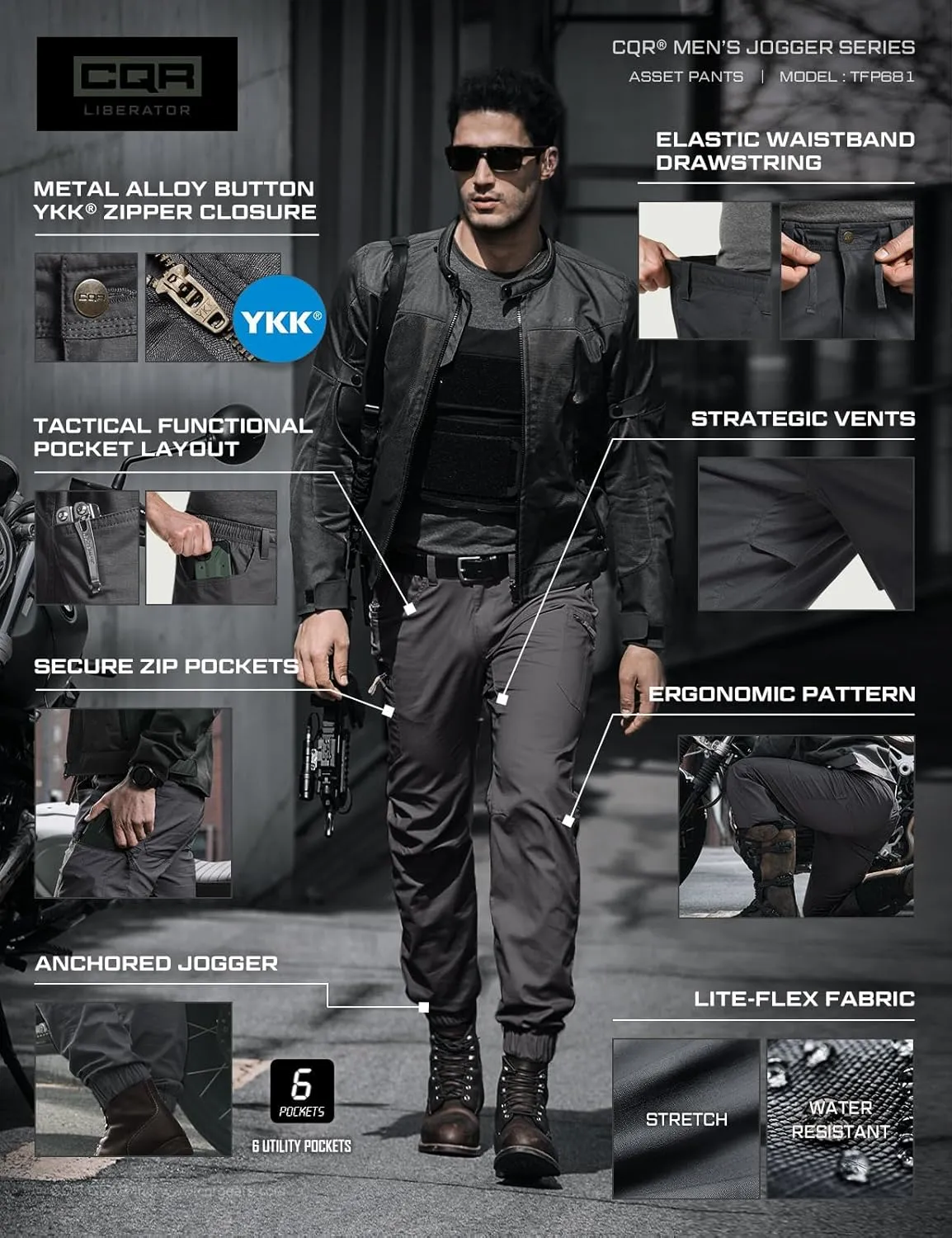 CQR Men's Flex Lightweight Joggers, Elastic Waist Drawstring Casual Pants, Tapered Fit Water Resistant Outdoor Cargo Pants