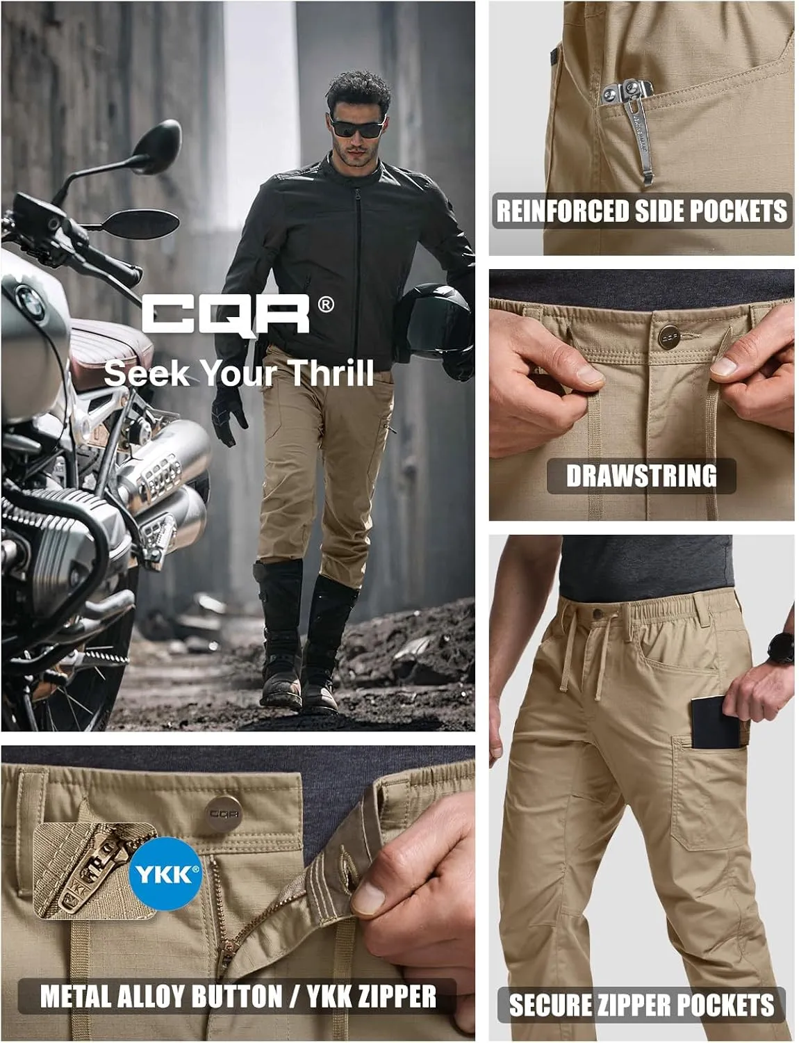 CQR Men's Flex Lightweight Joggers, Elastic Waist Drawstring Casual Pants, Tapered Fit Water Resistant Outdoor Cargo Pants