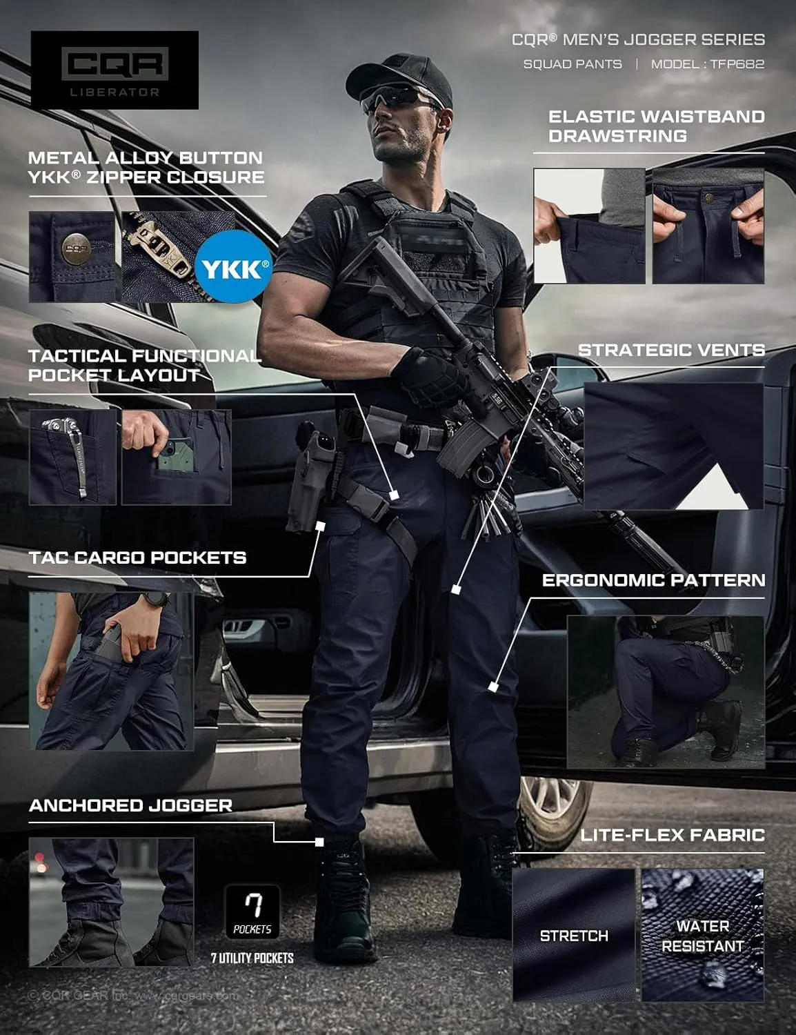 CQR Men's Flex Lightweight Joggers, Elastic Waist Drawstring Casual Pants, Tapered Fit Water Resistant Outdoor Cargo Pants