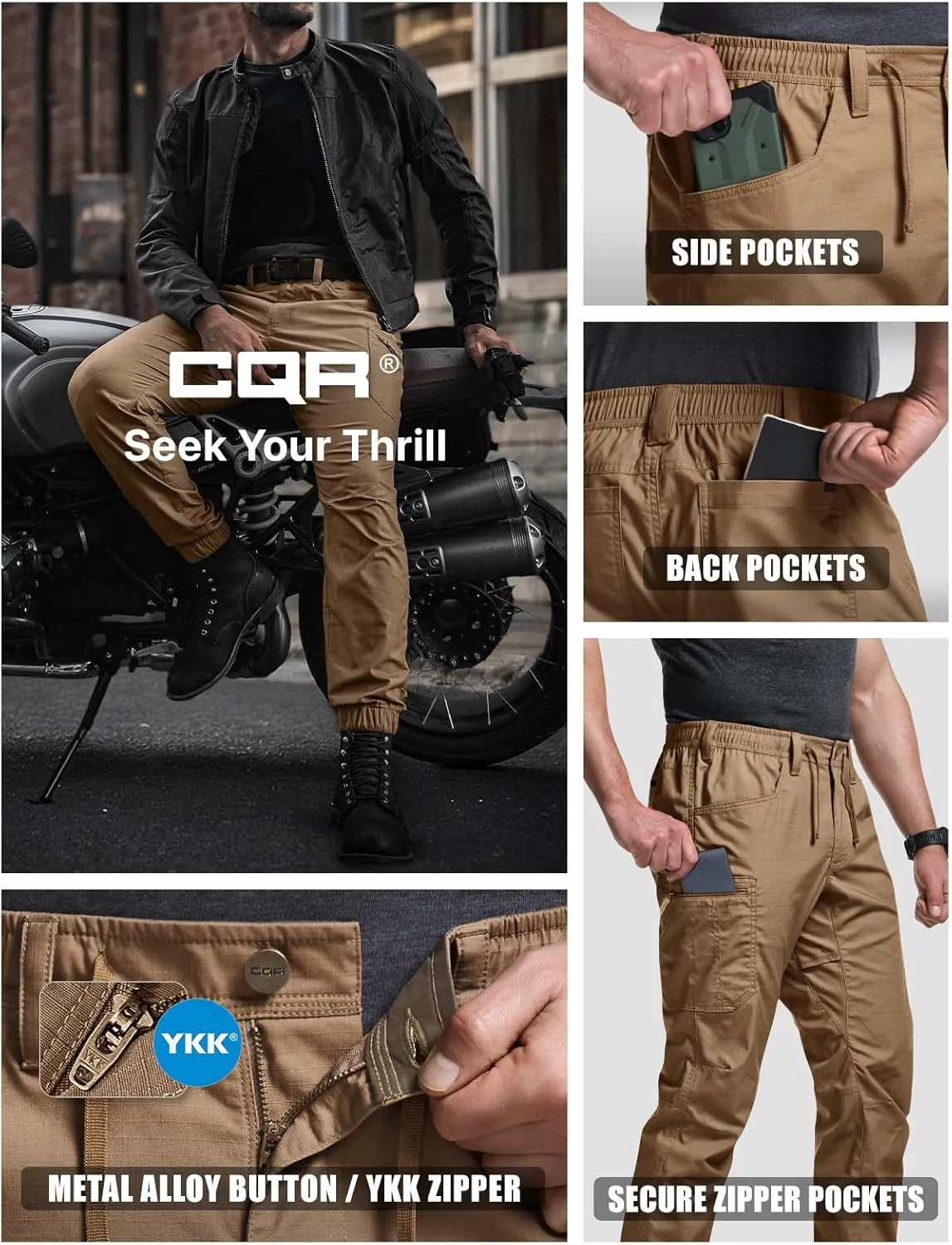 CQR Men's Flex Lightweight Joggers, Elastic Waist Drawstring Casual Pants, Tapered Fit Water Resistant Outdoor Cargo Pants
