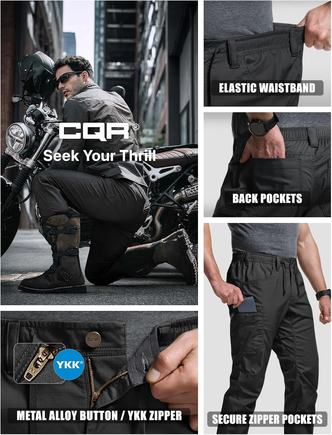CQR Men's Flex Lightweight Joggers, Elastic Waist Drawstring Casual Pants, Tapered Fit Water Resistant Outdoor Cargo Pants