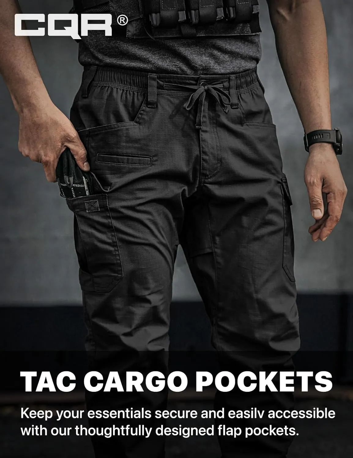 CQR Men's Flex Lightweight Joggers, Elastic Waist Drawstring Casual Pants, Tapered Fit Water Resistant Outdoor Cargo Pants