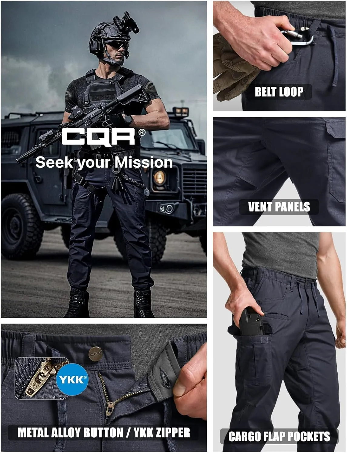 CQR Men's Flex Lightweight Joggers, Elastic Waist Drawstring Casual Pants, Tapered Fit Water Resistant Outdoor Cargo Pants