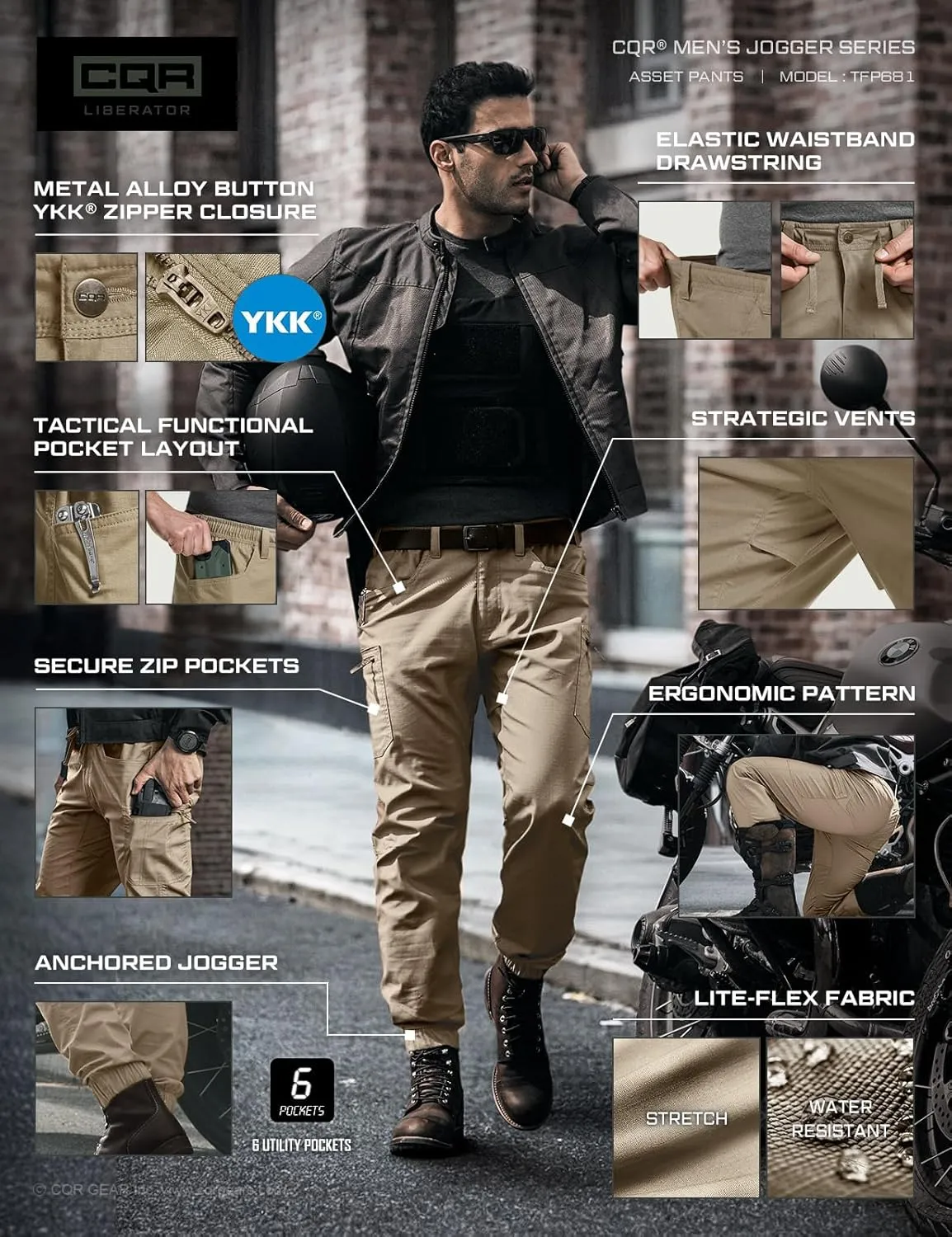 CQR Men's Flex Lightweight Joggers, Elastic Waist Drawstring Casual Pants, Tapered Fit Water Resistant Outdoor Cargo Pants