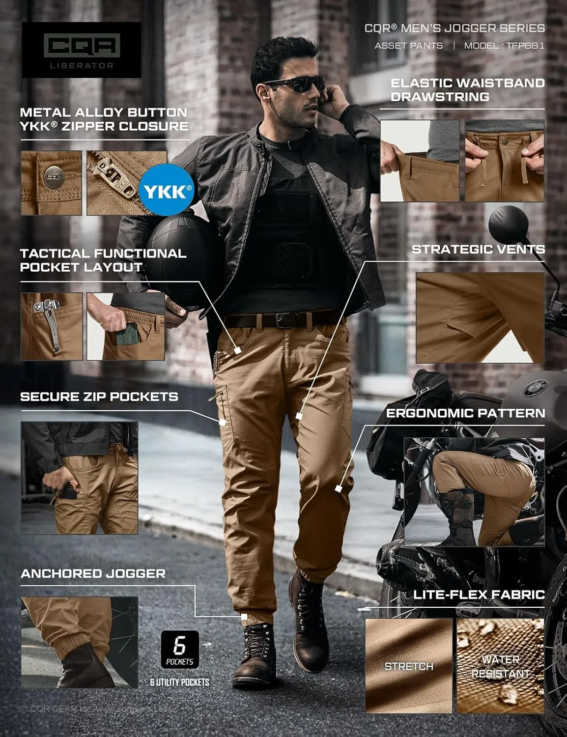 CQR Men's Flex Lightweight Joggers, Elastic Waist Drawstring Casual Pants, Tapered Fit Water Resistant Outdoor Cargo Pants