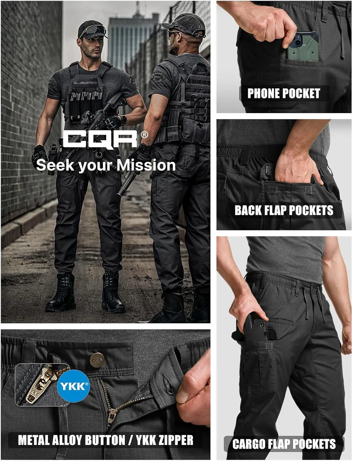 CQR Men's Flex Lightweight Joggers, Elastic Waist Drawstring Casual Pants, Tapered Fit Water Resistant Outdoor Cargo Pants