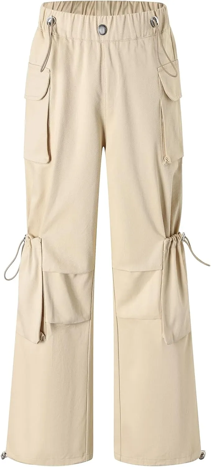 Cromoncent Girls' Multi-Pocket Cargo Pants Drawstring Streetwear Pants, 3-14 Years