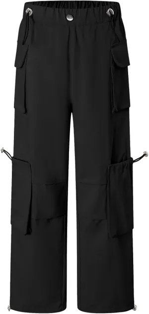 Cromoncent Girls' Multi-Pocket Cargo Pants Drawstring Streetwear Pants, 3-14 Years
