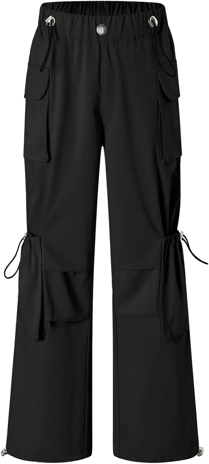 Cromoncent Girls' Multi-Pocket Cargo Pants Drawstring Streetwear Pants, 3-14 Years