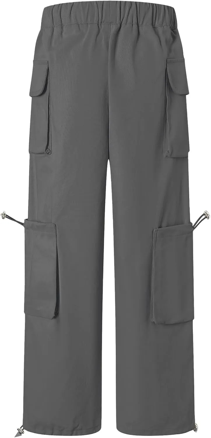 Cromoncent Girls' Multi-Pocket Cargo Pants Drawstring Streetwear Pants, 3-14 Years