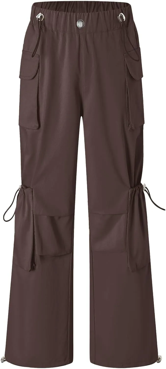 Cromoncent Girls' Multi-Pocket Cargo Pants Drawstring Streetwear Pants, 3-14 Years