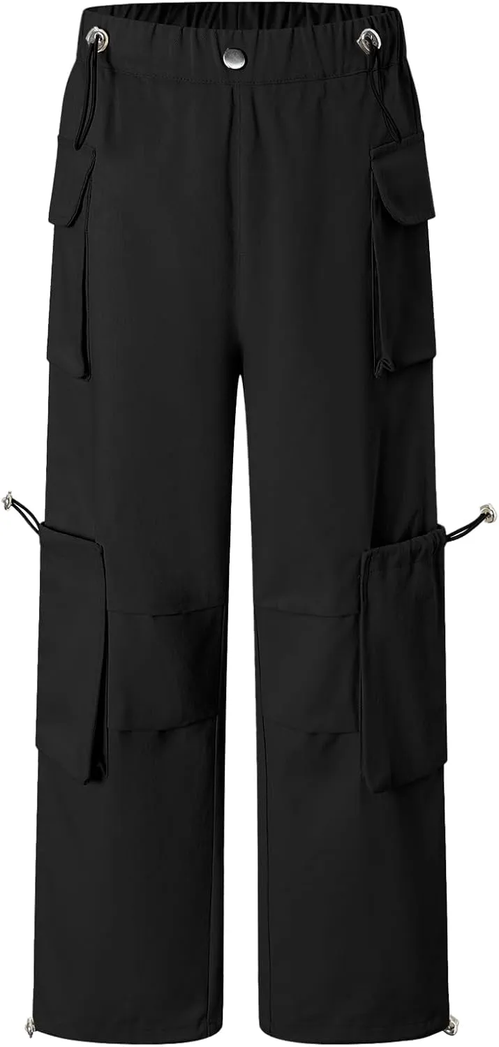 Cromoncent Girls' Multi-Pocket Cargo Pants Drawstring Streetwear Pants, 3-14 Years