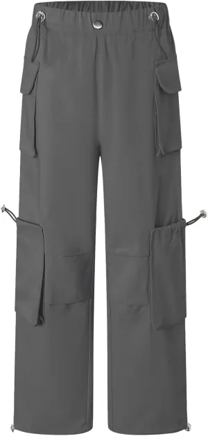 Cromoncent Girls' Multi-Pocket Cargo Pants Drawstring Streetwear Pants, 3-14 Years
