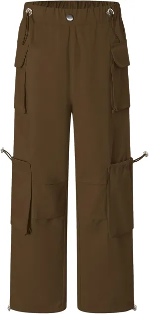 Cromoncent Girls' Multi-Pocket Cargo Pants Drawstring Streetwear Pants, 3-14 Years