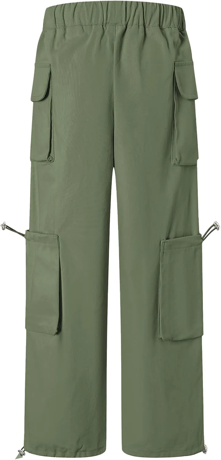 Cromoncent Girls' Multi-Pocket Cargo Pants Drawstring Streetwear Pants, 3-14 Years