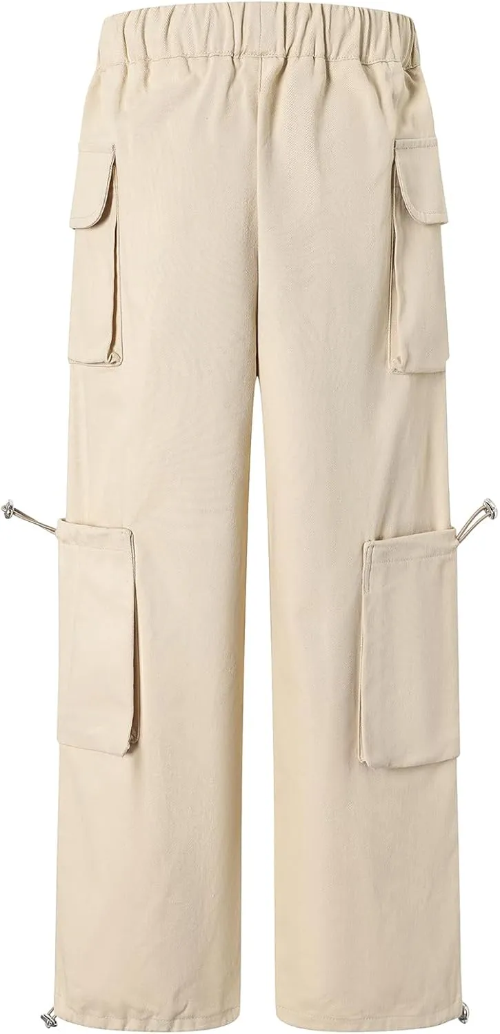 Cromoncent Girls' Multi-Pocket Cargo Pants Drawstring Streetwear Pants, 3-14 Years