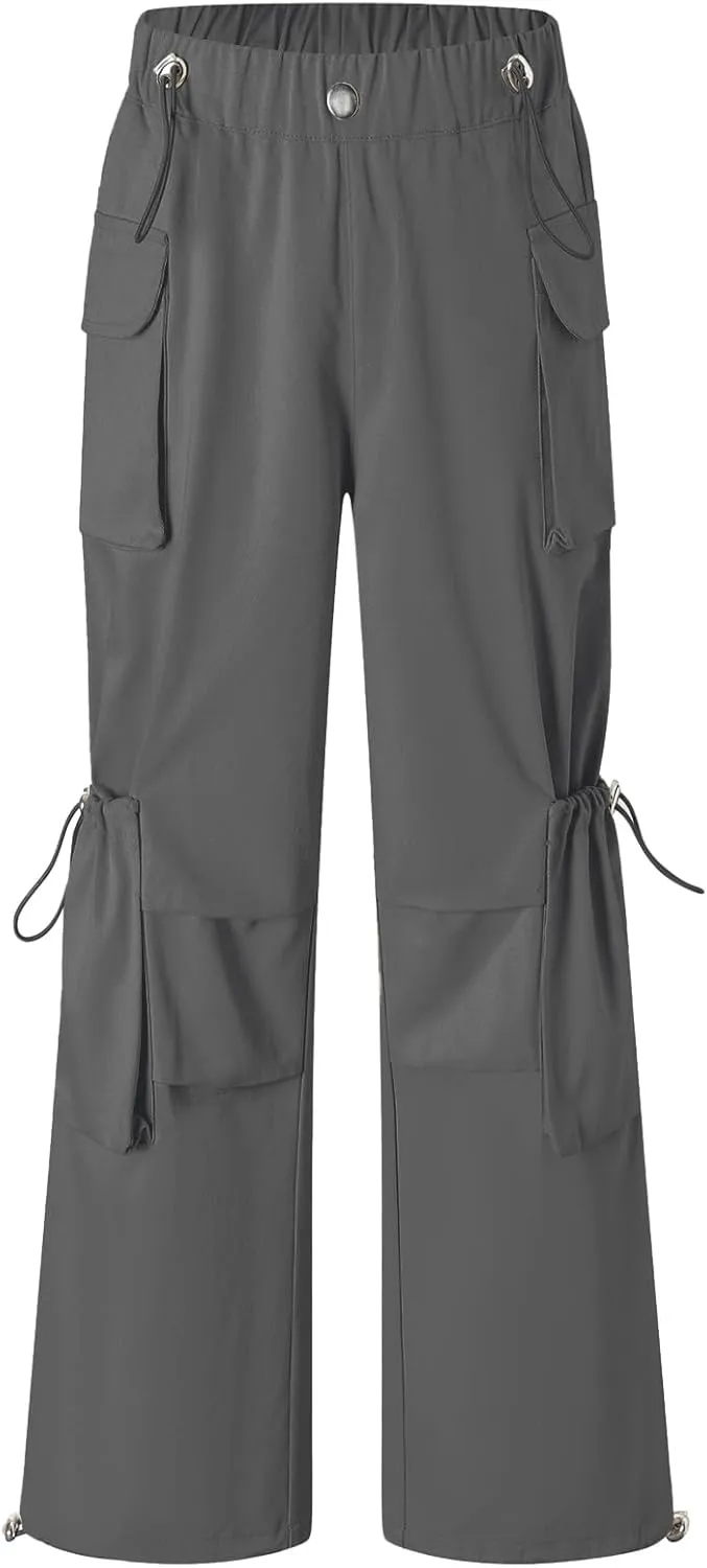 Cromoncent Girls' Multi-Pocket Cargo Pants Drawstring Streetwear Pants, 3-14 Years