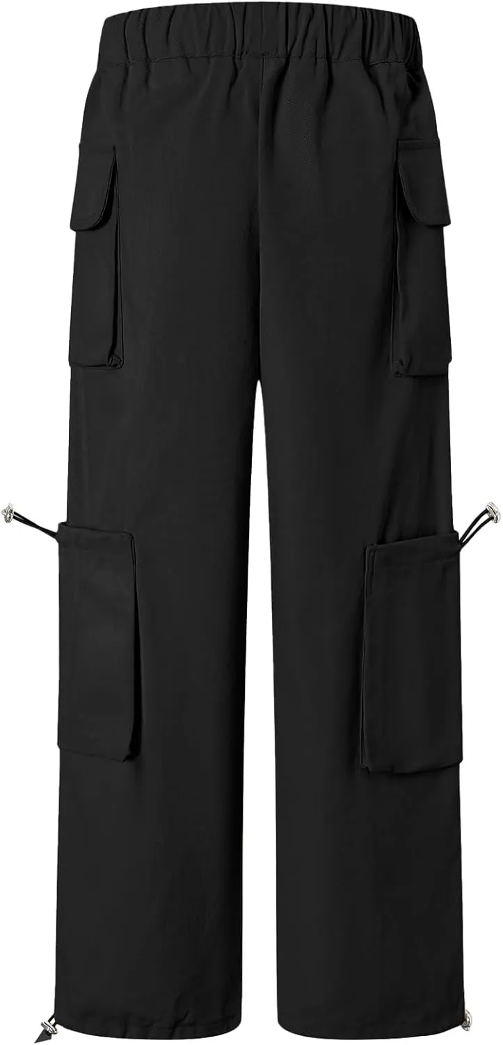 Cromoncent Girls' Multi-Pocket Cargo Pants Drawstring Streetwear Pants, 3-14 Years