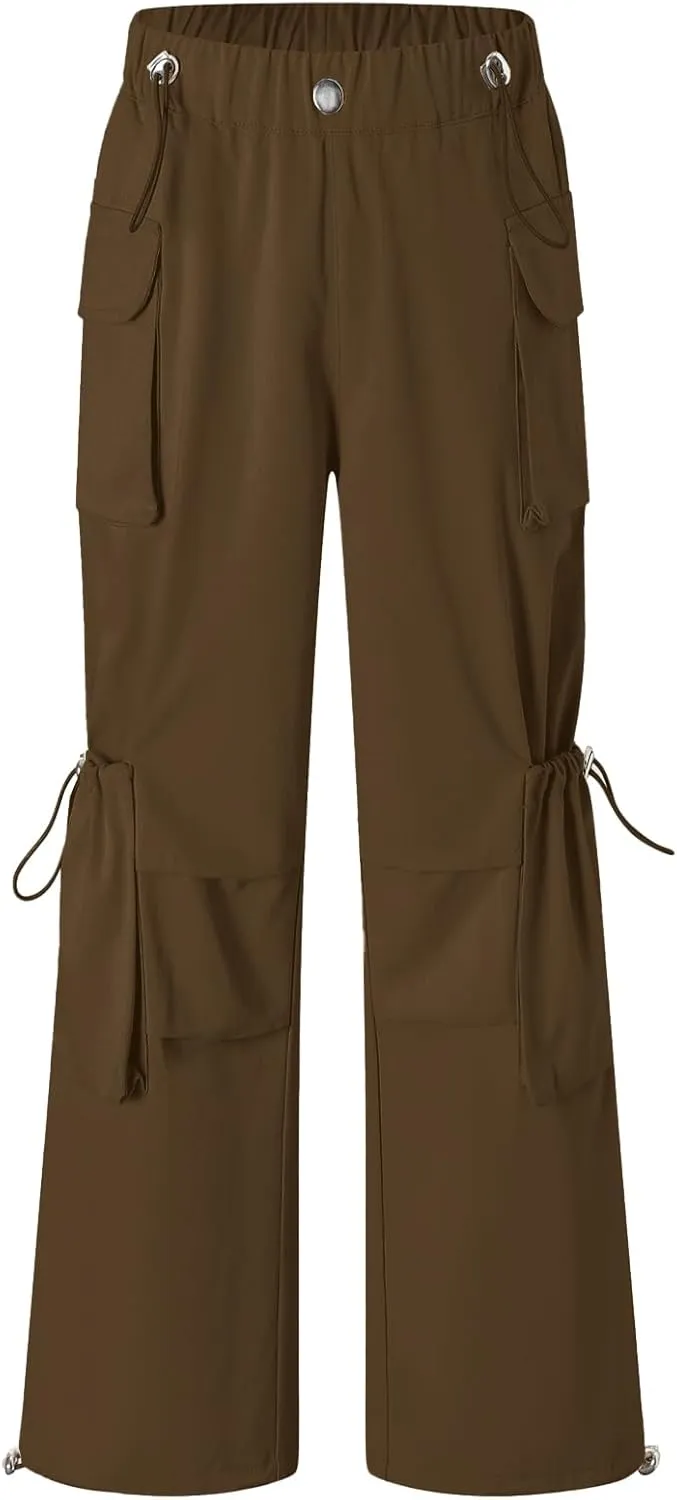 Cromoncent Girls' Multi-Pocket Cargo Pants Drawstring Streetwear Pants, 3-14 Years
