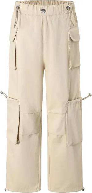 Cromoncent Girls' Multi-Pocket Cargo Pants Drawstring Streetwear Pants, 3-14 Years