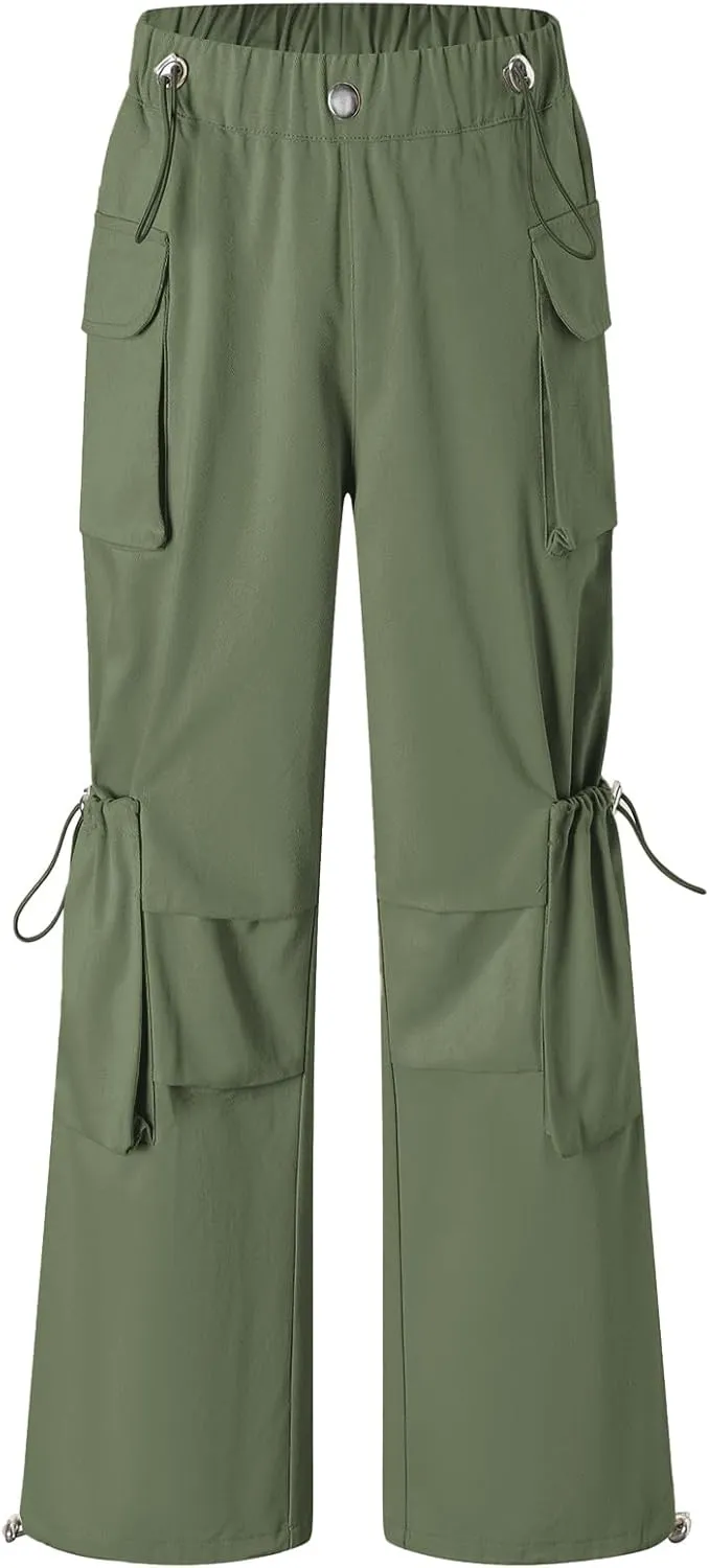 Cromoncent Girls' Multi-Pocket Cargo Pants Drawstring Streetwear Pants, 3-14 Years