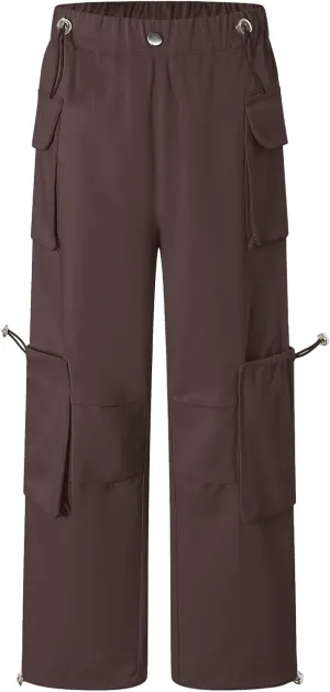 Cromoncent Girls' Multi-Pocket Cargo Pants Drawstring Streetwear Pants, 3-14 Years