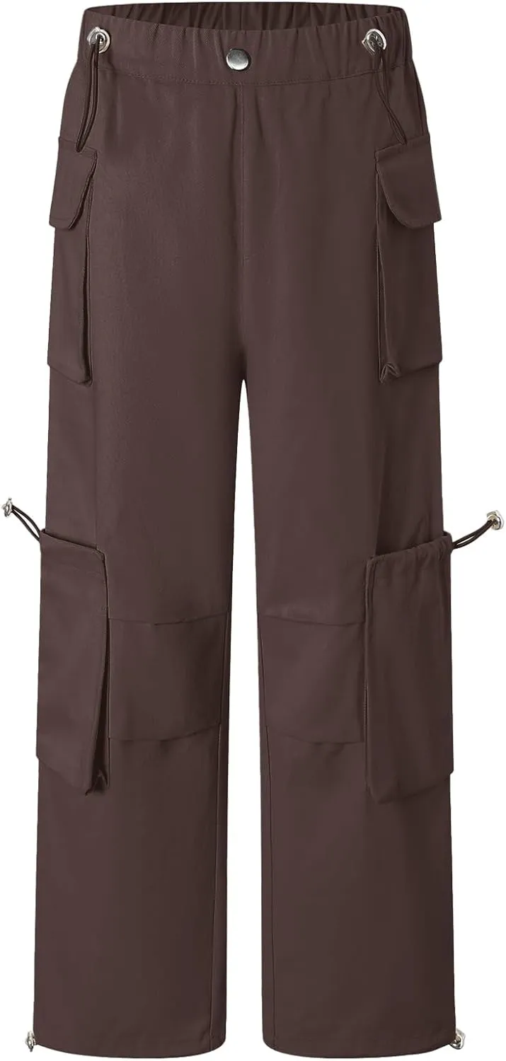 Cromoncent Girls' Multi-Pocket Cargo Pants Drawstring Streetwear Pants, 3-14 Years