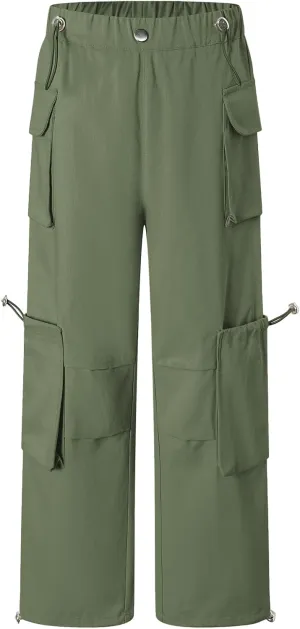 Cromoncent Girls' Multi-Pocket Cargo Pants Drawstring Streetwear Pants, 3-14 Years