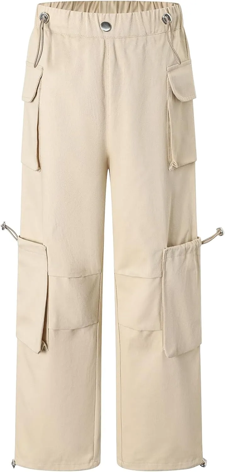 Cromoncent Girls' Multi-Pocket Cargo Pants Drawstring Streetwear Pants, 3-14 Years