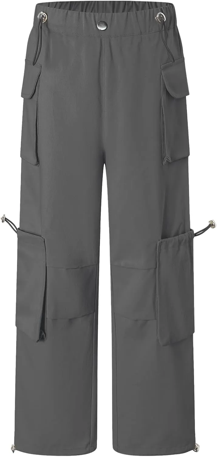 Cromoncent Girls' Multi-Pocket Cargo Pants Drawstring Streetwear Pants, 3-14 Years