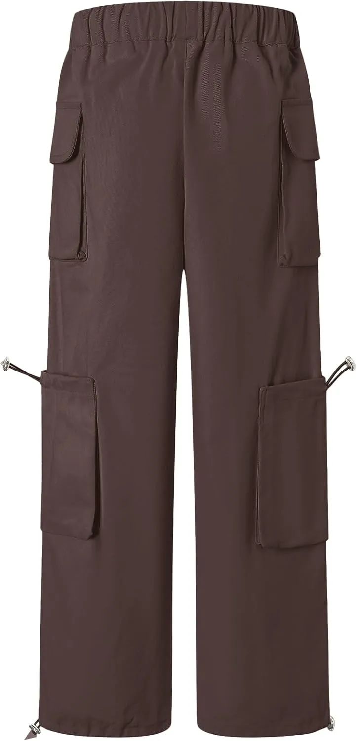 Cromoncent Girls' Multi-Pocket Cargo Pants Drawstring Streetwear Pants, 3-14 Years