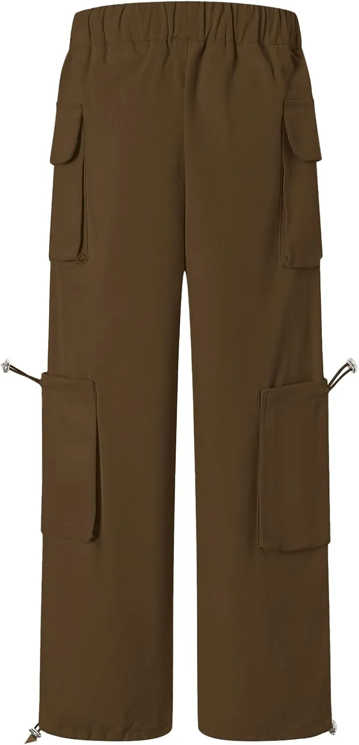 Cromoncent Girls' Multi-Pocket Cargo Pants Drawstring Streetwear Pants, 3-14 Years
