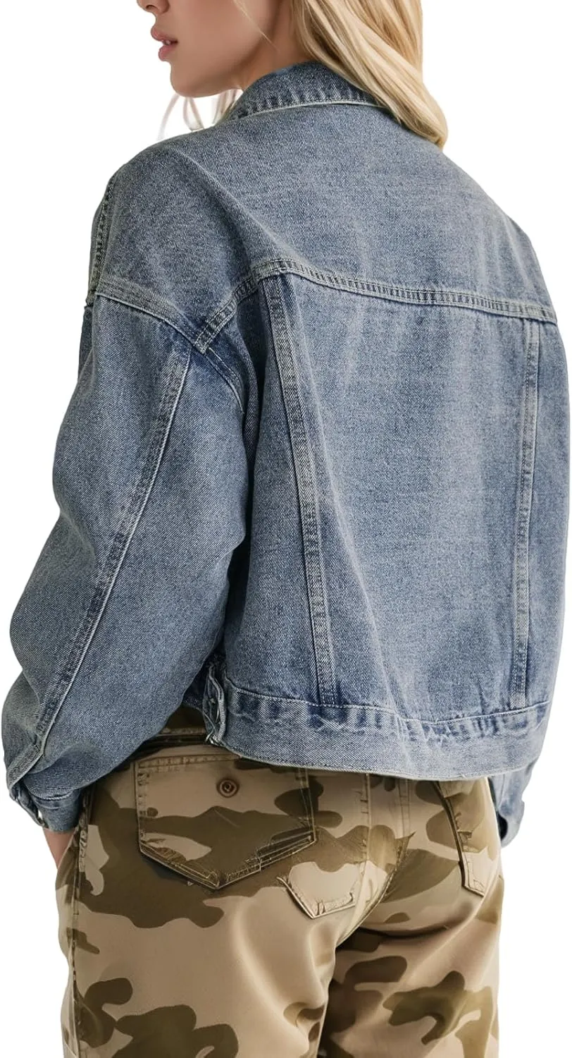 Cropped Jean Jacket for Women Long Sleeve Classic Casual Crop Top Denim Jackets Coat