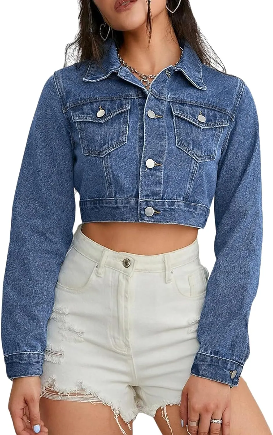 Cropped Jean Jacket for Women Long Sleeve Classic Casual Crop Top Denim Jackets Coat