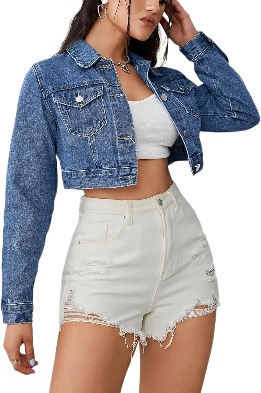 Cropped Jean Jacket for Women Long Sleeve Classic Casual Crop Top Denim Jackets Coat