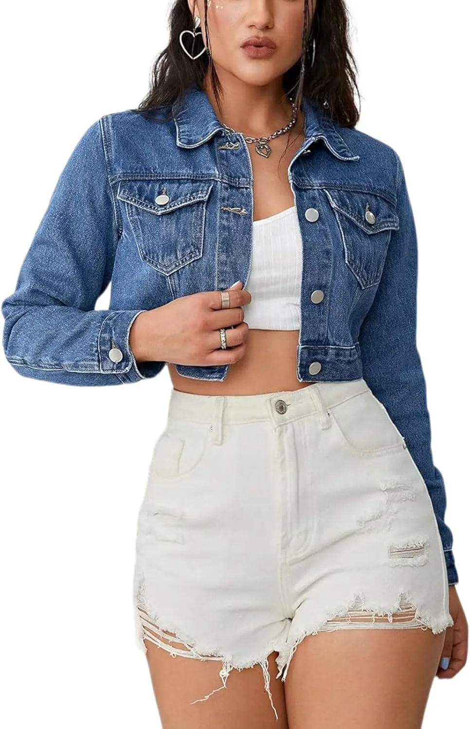Cropped Jean Jacket for Women Long Sleeve Classic Casual Crop Top Denim Jackets Coat