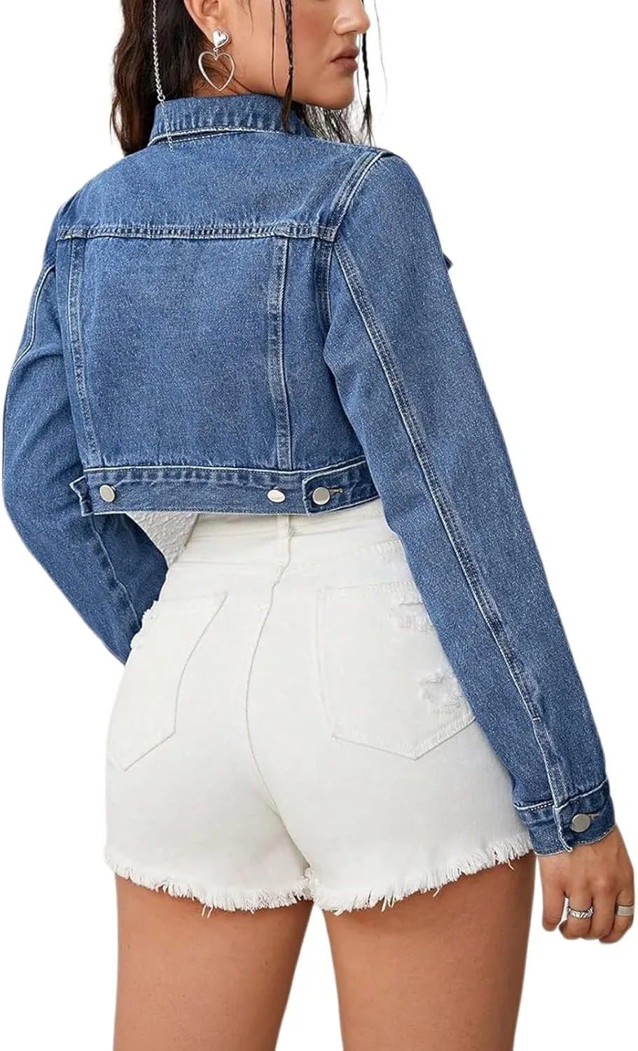 Cropped Jean Jacket for Women Long Sleeve Classic Casual Crop Top Denim Jackets Coat