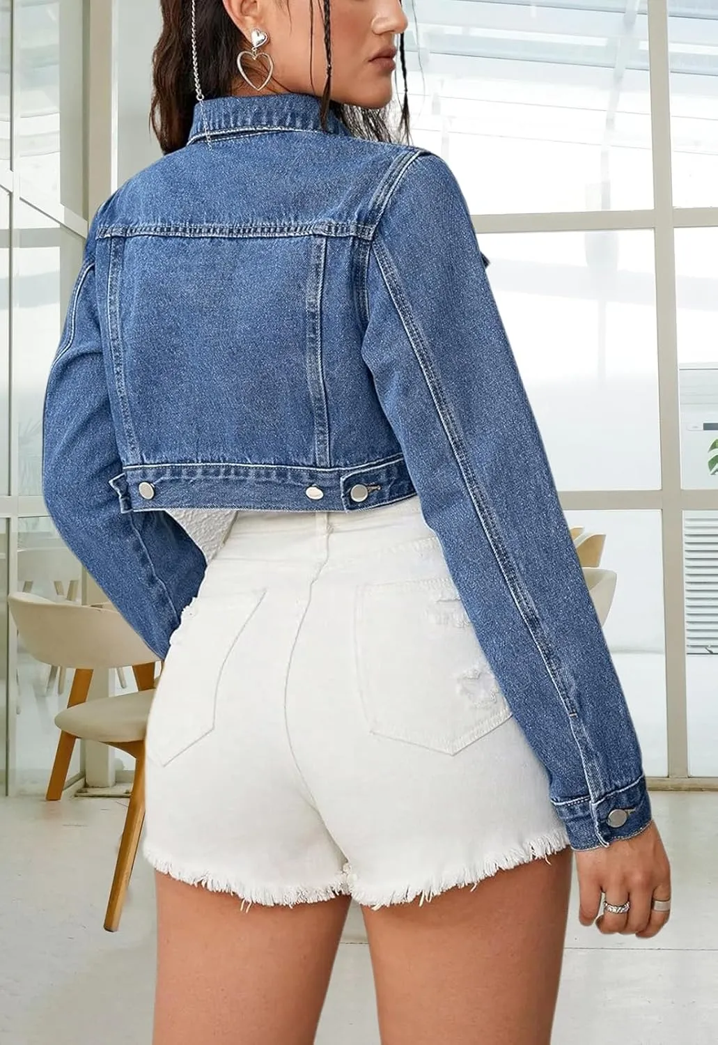 Cropped Jean Jacket for Women Long Sleeve Classic Casual Crop Top Denim Jackets Coat