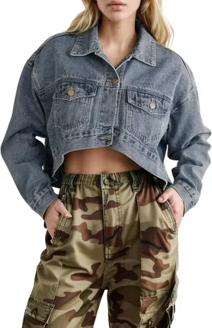 Cropped Jean Jacket for Women Long Sleeve Classic Casual Crop Top Denim Jackets Coat
