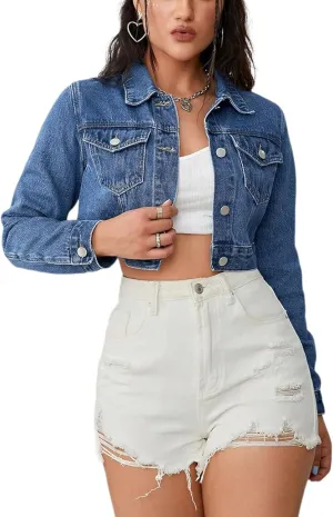 Cropped Jean Jacket for Women Long Sleeve Classic Casual Crop Top Denim Jackets Coat