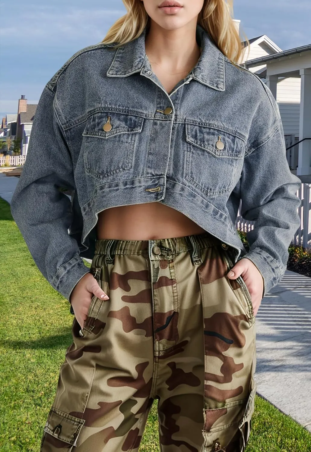Cropped Jean Jacket for Women Long Sleeve Classic Casual Crop Top Denim Jackets Coat